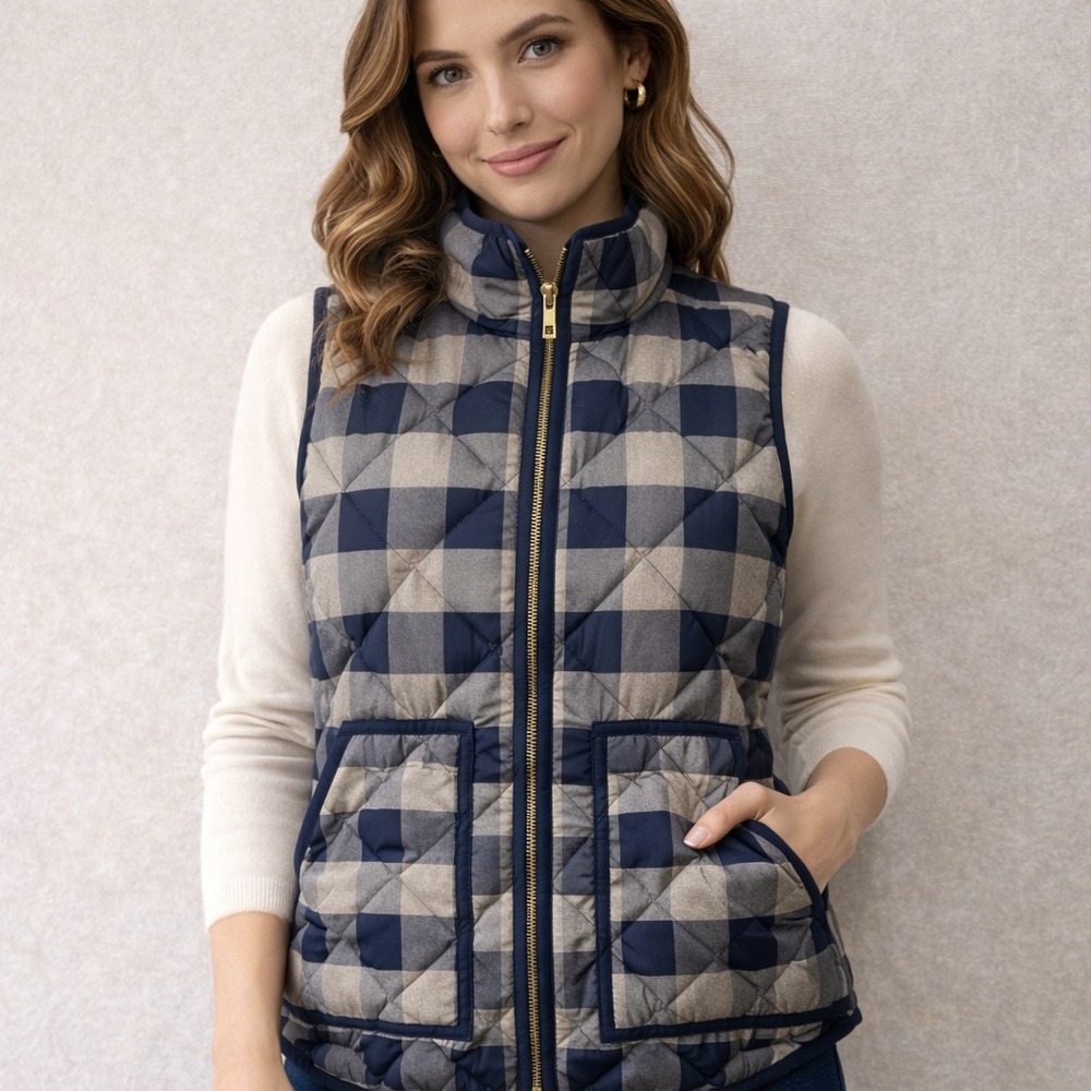 J.Crew Quilted Down Puffer Vest Women Small Blue Gray Buffalo Plaid Preppy Warm